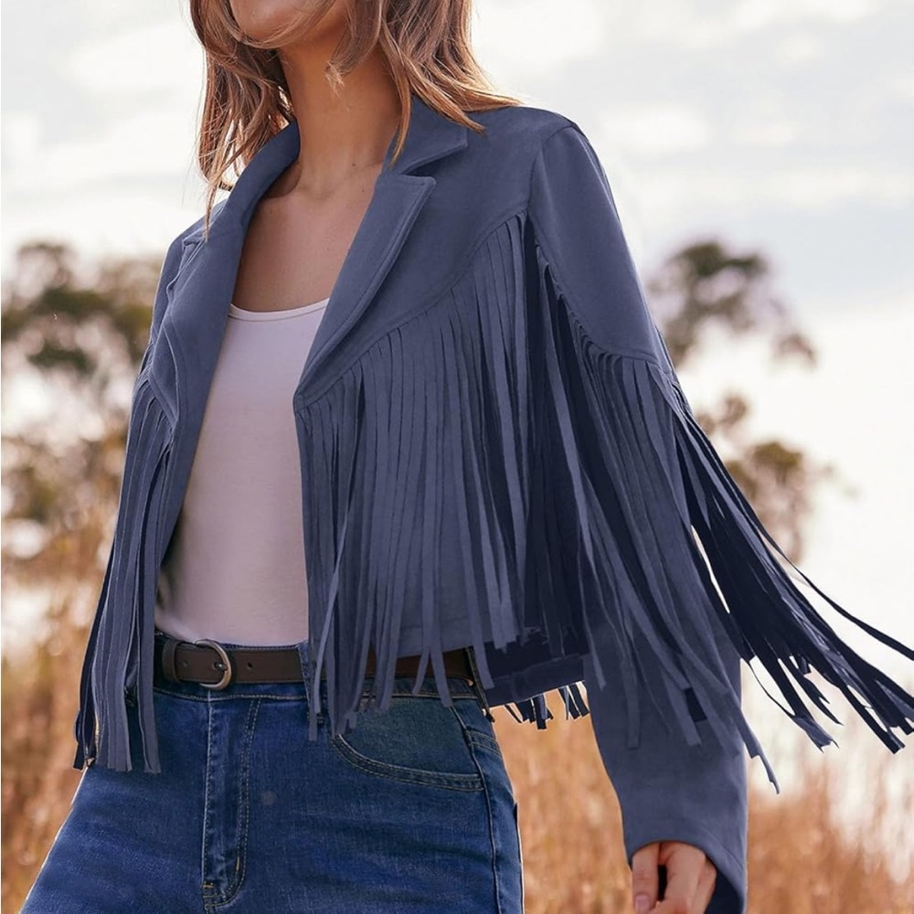 Fringe Detail Women's Jacket in Blue faux suede tassel